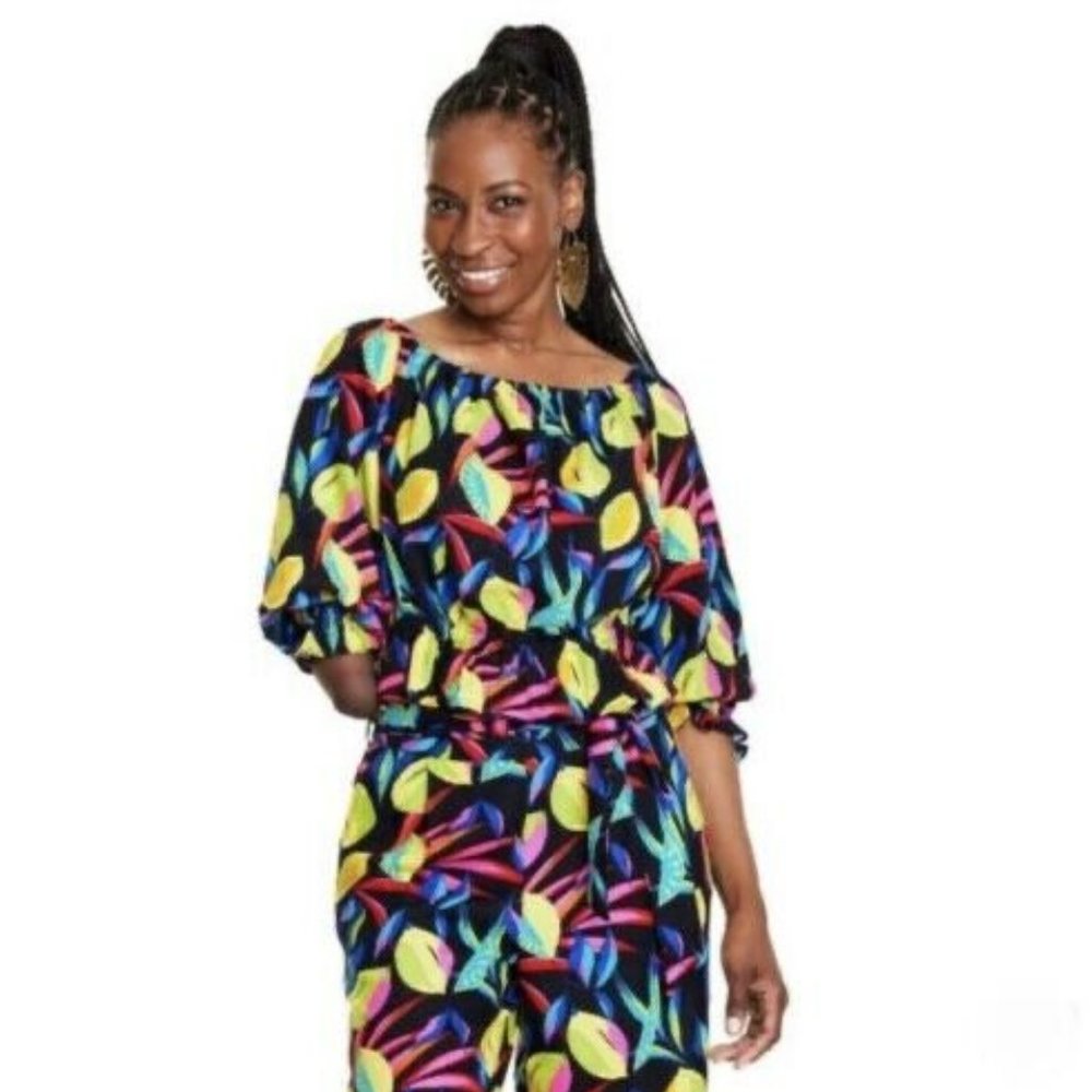 Tabitha Brown for Target lemon/jungle print linen top/blouse Sz M